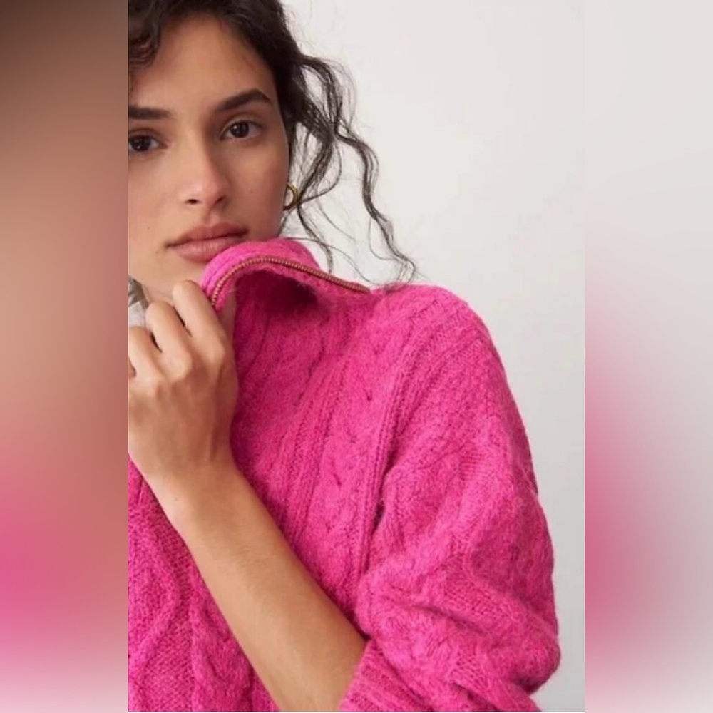 ANTHROPOLOGIE  Cable Knit Fishermen 1/4 Zip Pullover Sweater Pink SIZE: XS - Picture 3 of 12